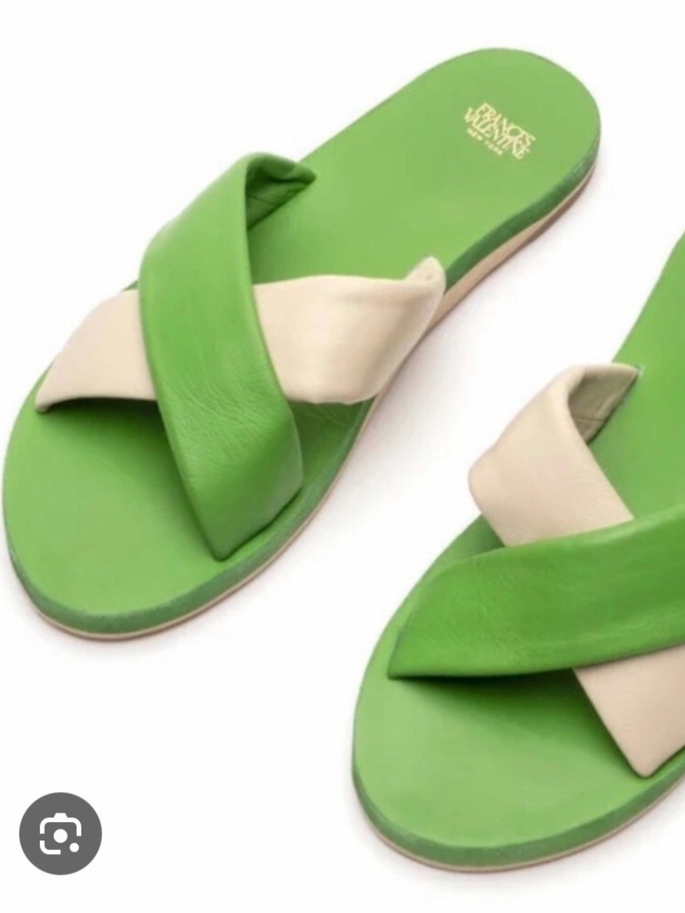 Frances Valentine Green and Cream Crisscross Leather Slide Sandals size 8,5